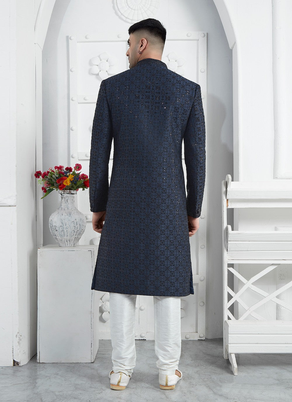 Embroidered Art Silk Blue Sherwani - M7460