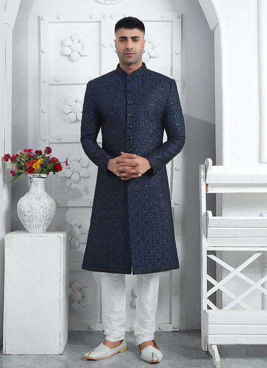 Embroidered Art Silk Blue Sherwani - M7460