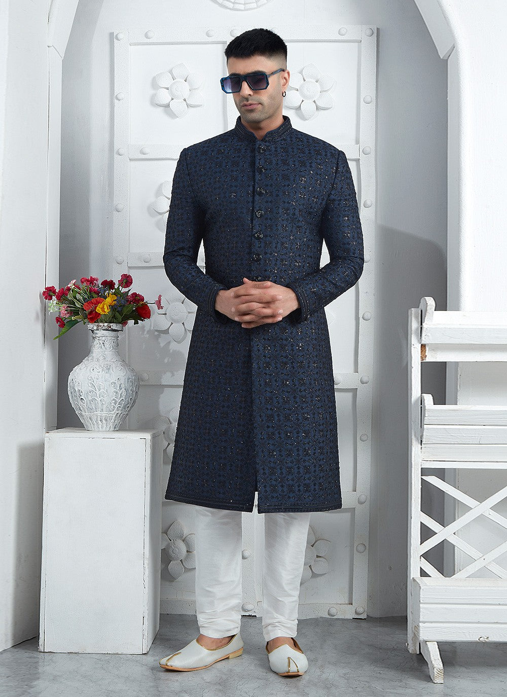Embroidered Art Silk Blue Sherwani - M7460
