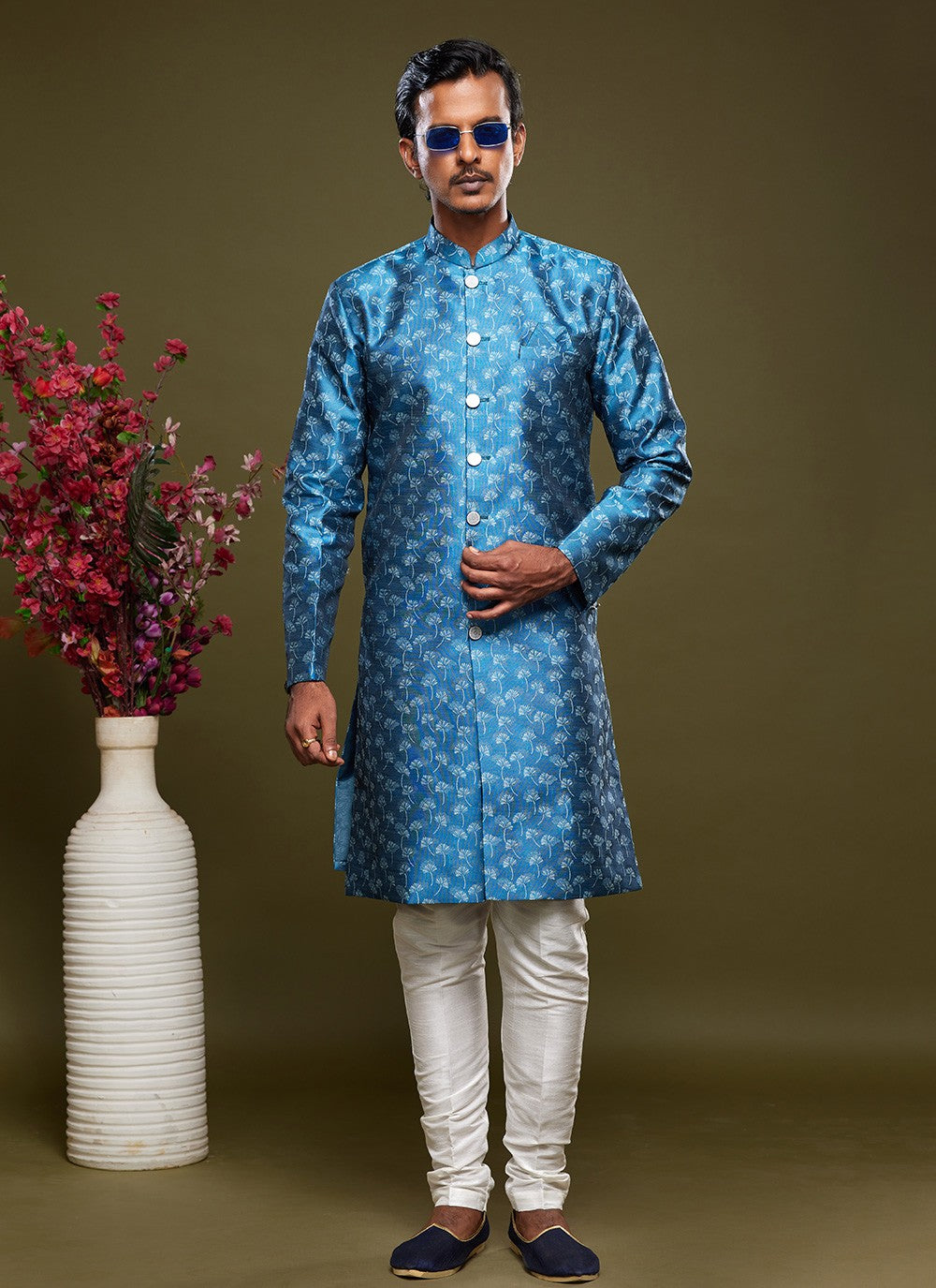 Fancy Work Banarasi Jacquard Blue Indo Western - M5830