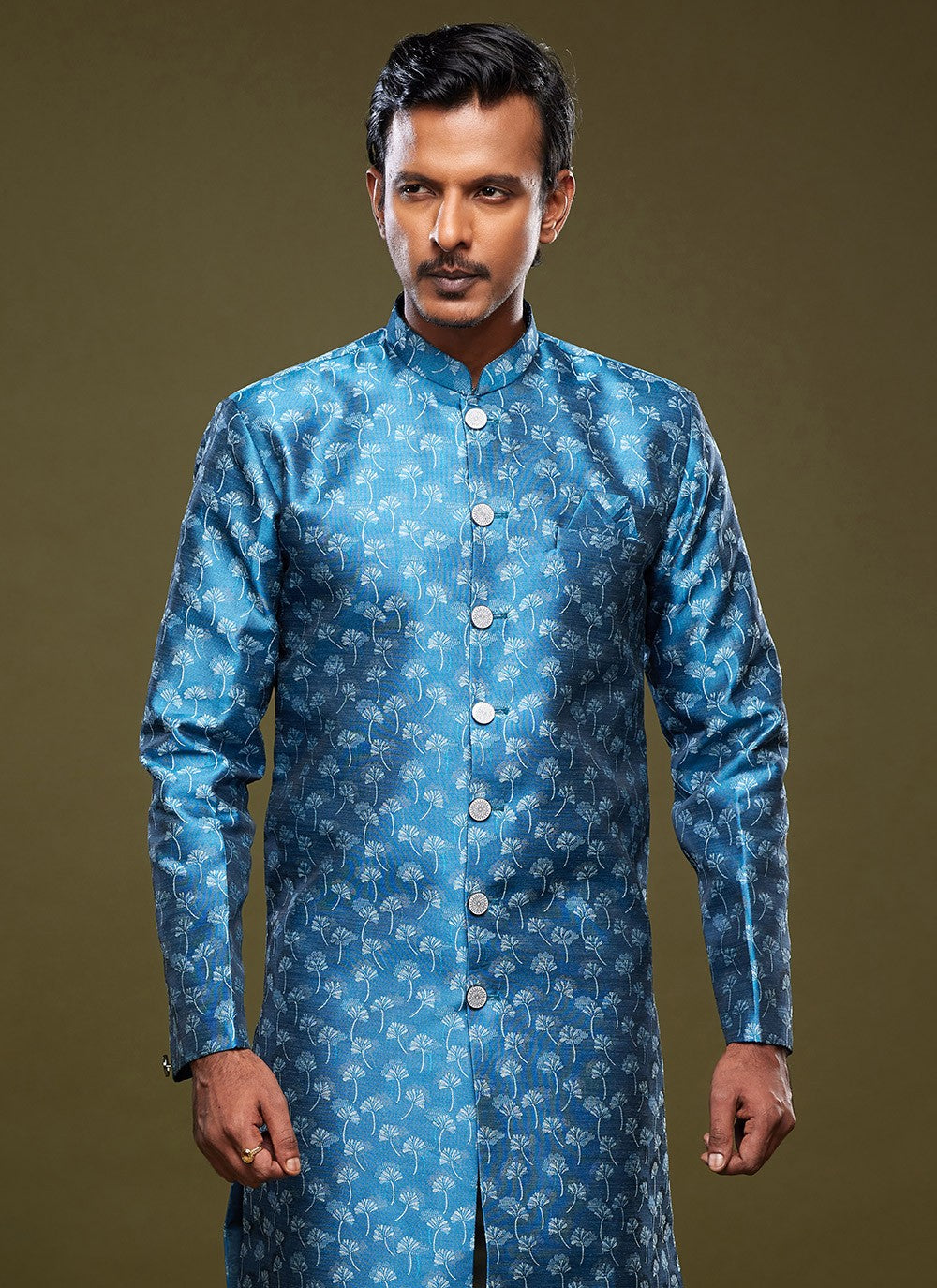 Fancy Work Banarasi Jacquard Blue Indo Western - M5830