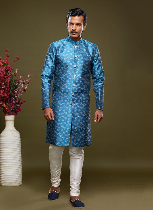 Fancy Work Banarasi Jacquard Blue Indo Western - M5830