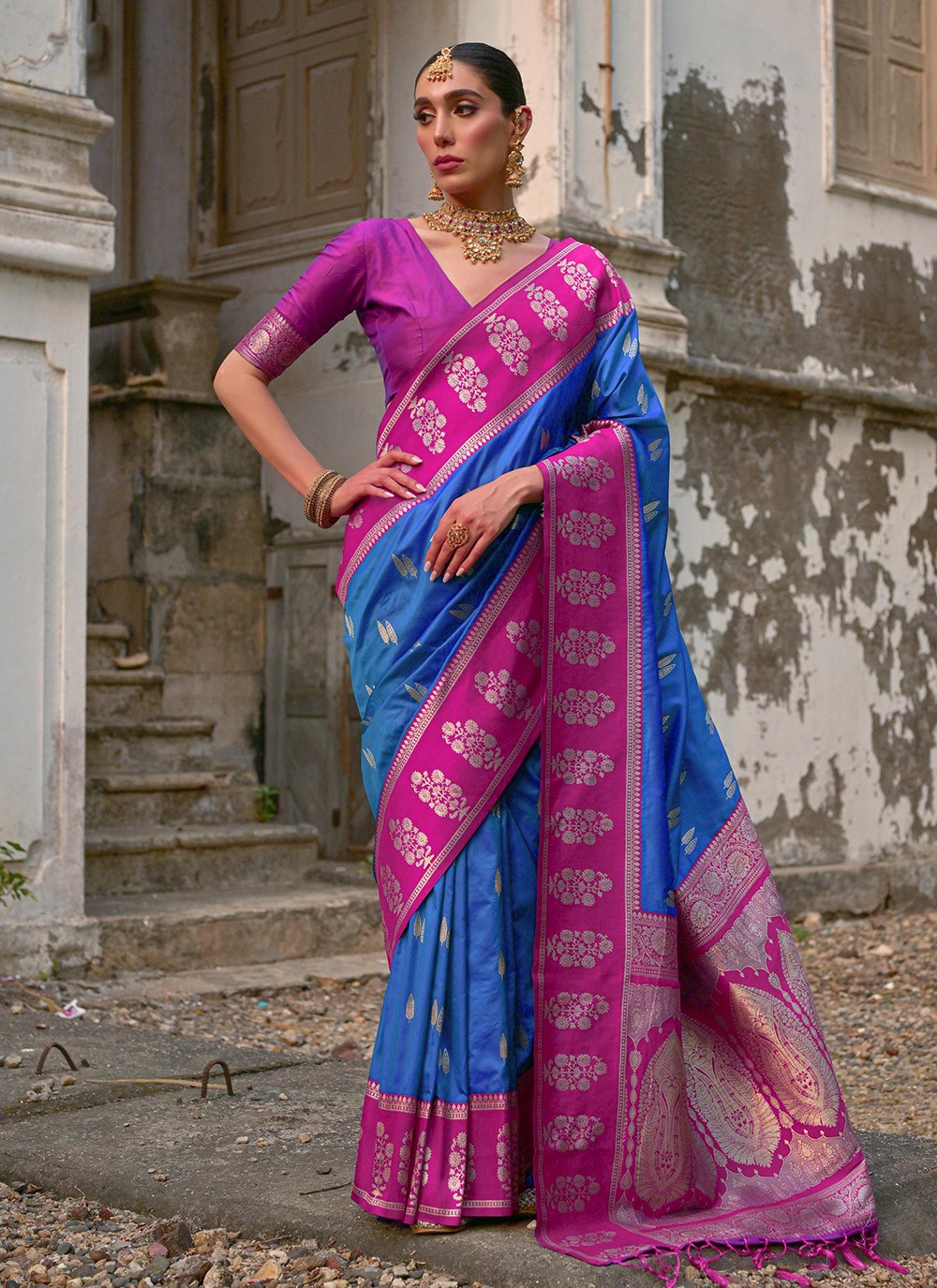 Weaving Zari Banarasi Silk Blue Saree S14251