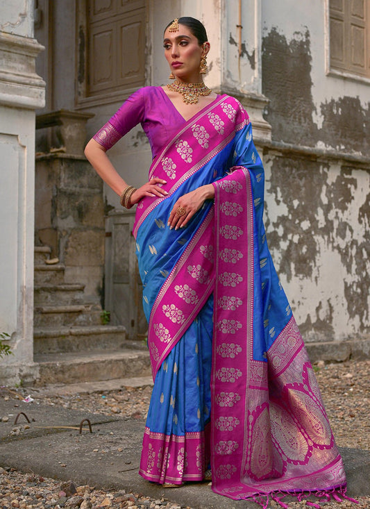 Weaving Zari Banarasi Silk Blue Saree S14251