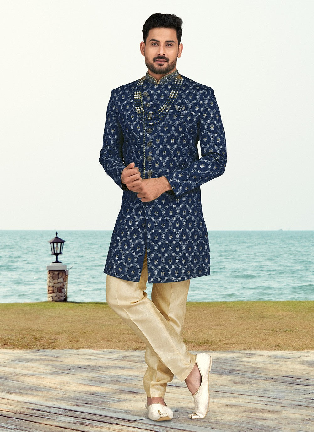 Hand Embroidery Banarasi Silk Blue Sherwani - M6802