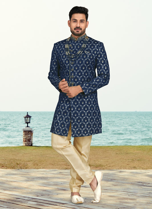 Hand Embroidery Banarasi Silk Blue Sherwani - M6802