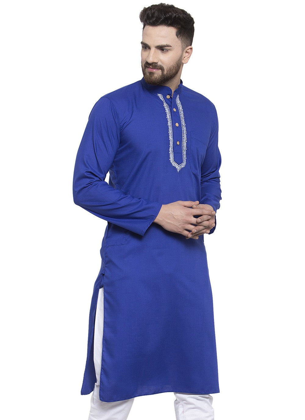 Machine Embroidery Blended Cotton Blue Kurta - M5656