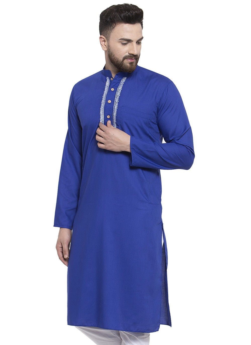 Machine Embroidery Blended Cotton Blue Kurta - M5656