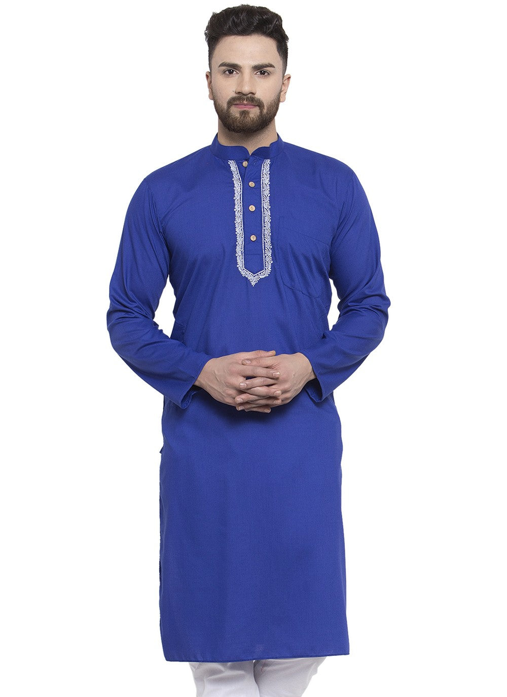 Machine Embroidery Blended Cotton Blue Kurta - M5656