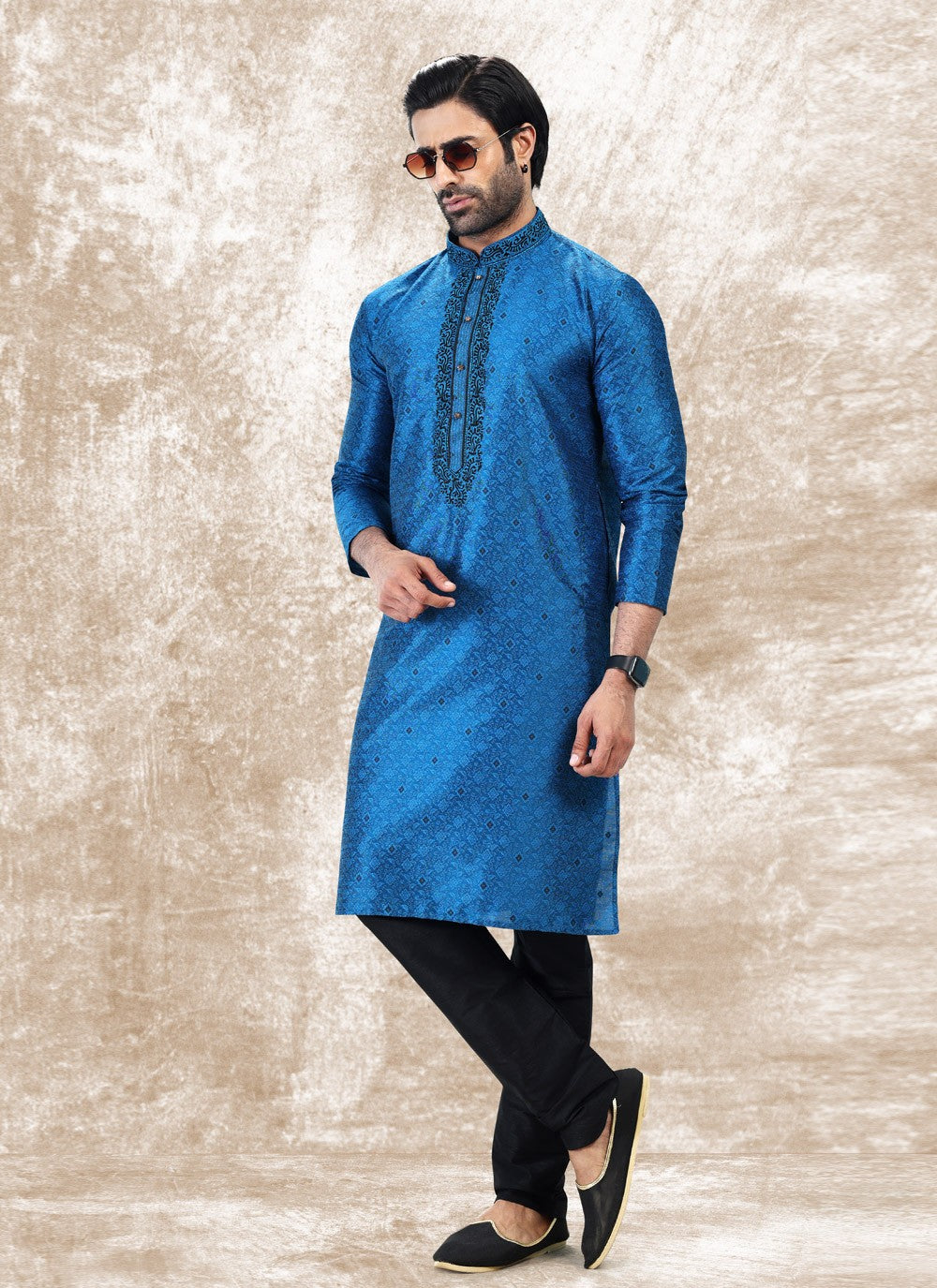 Fancy Work Brocade, Jacquard Silk Blue Kurta Pyjama - M4858