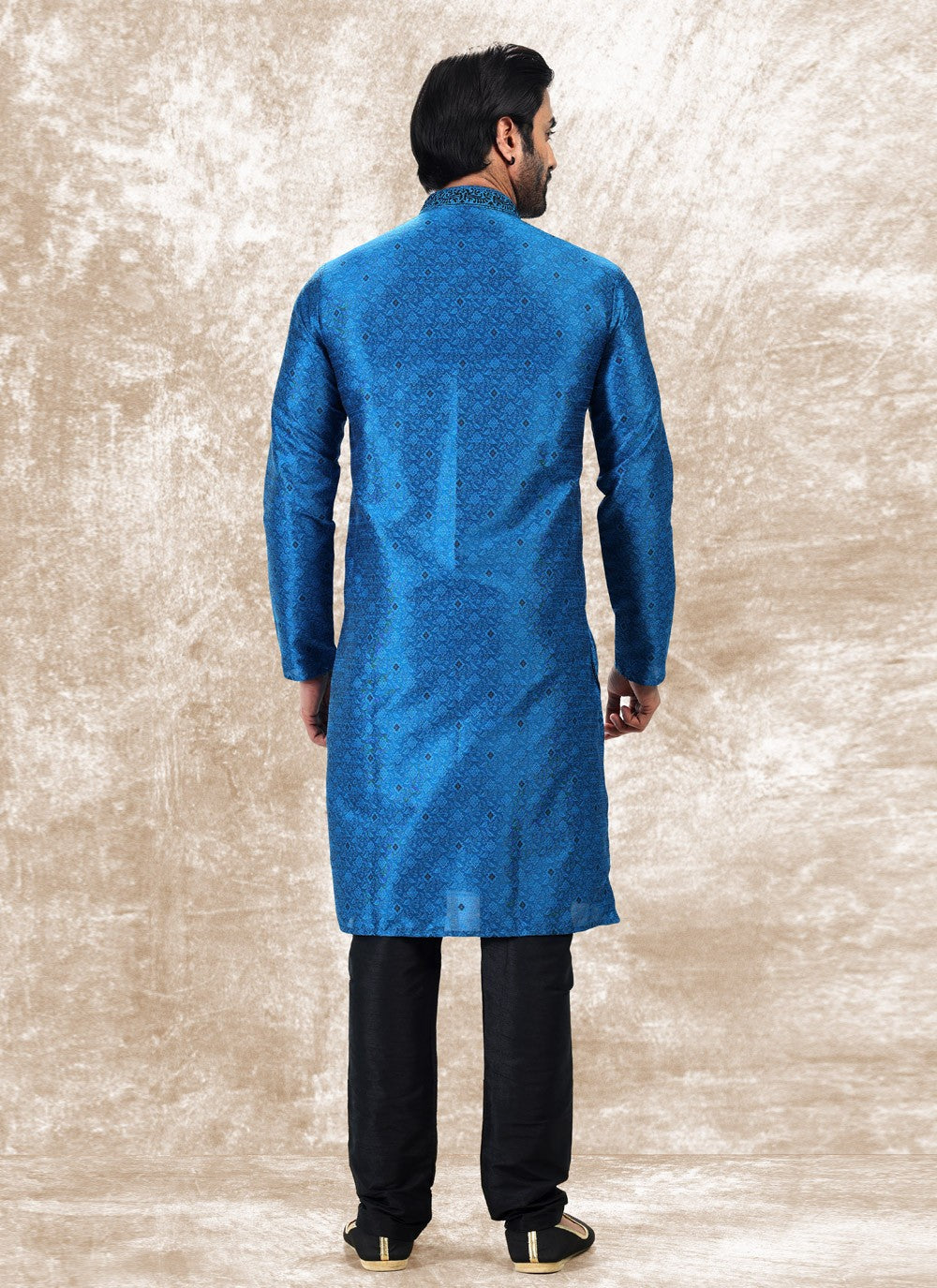 Fancy Work Brocade, Jacquard Silk Blue Kurta Pyjama - M4858