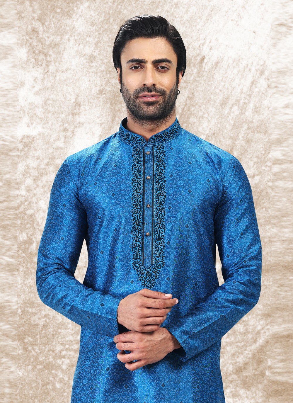 Fancy Work Brocade, Jacquard Silk Blue Kurta Pyjama - M4858