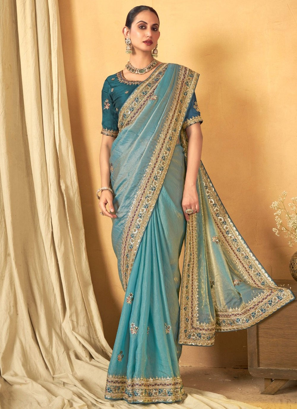 Border Work Silk Blue Contemporary Saree S14947