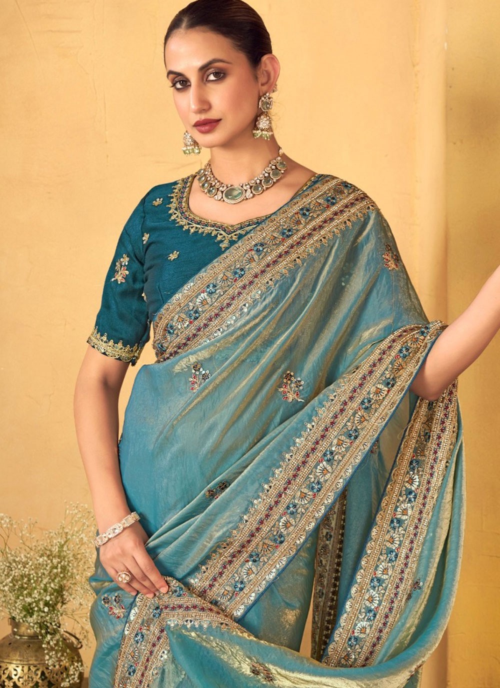 Border Work Silk Blue Contemporary Saree S14947