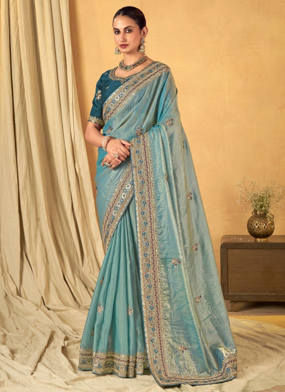 Border Work Silk Blue Contemporary Saree S14947
