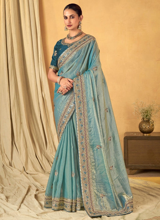 Border Work Silk Blue Contemporary Saree S14947