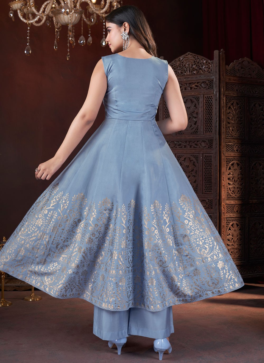 Anarkali Foliage Prints Blue Silk T5481