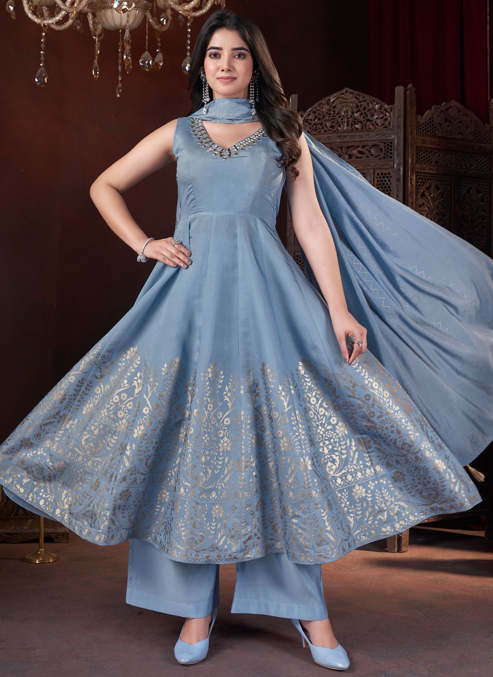 Anarkali Foliage Prints Blue Silk T5481