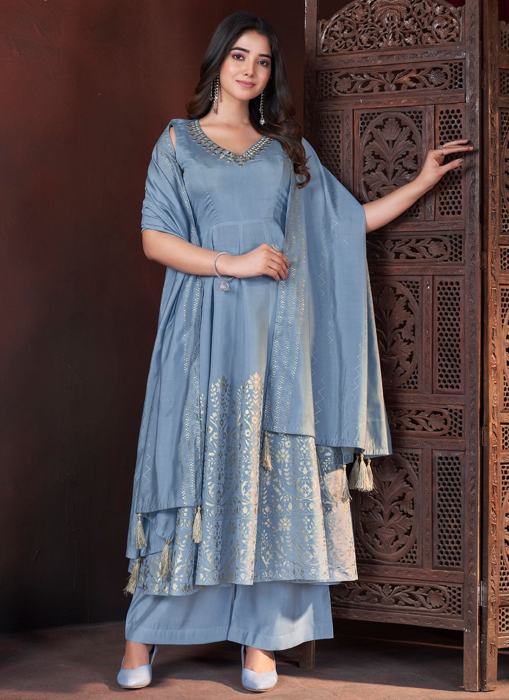 Anarkali Foliage Prints Blue Silk T5481