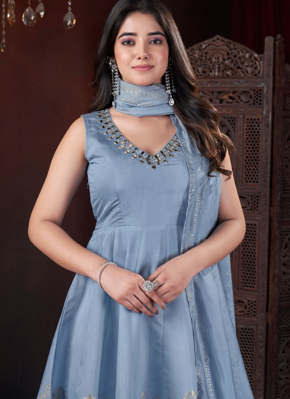 Anarkali Foliage Prints Blue Silk T5481