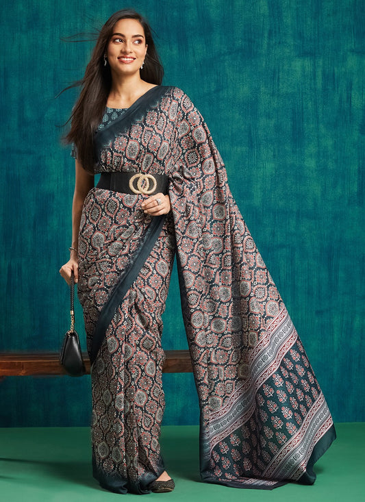 Blue Muslin Classic Saree Digital Print S17082