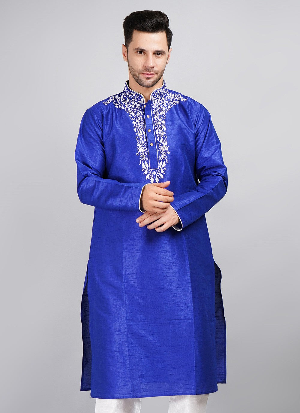 Machine Embroidery Dupion Silk Blue Kurta - M5737