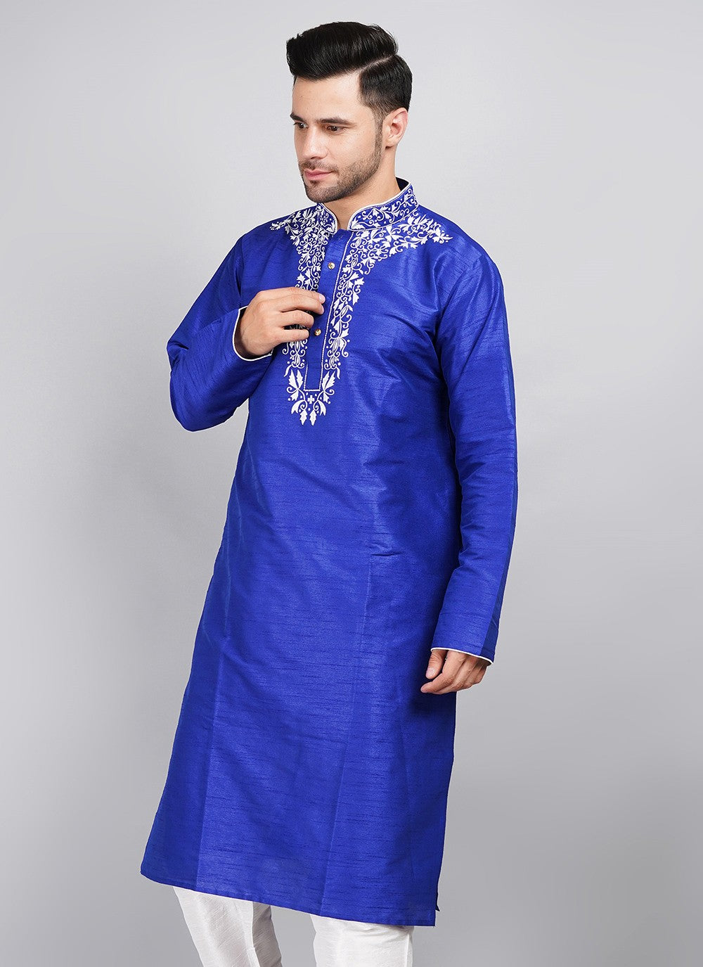 Machine Embroidery Dupion Silk Blue Kurta - M5737