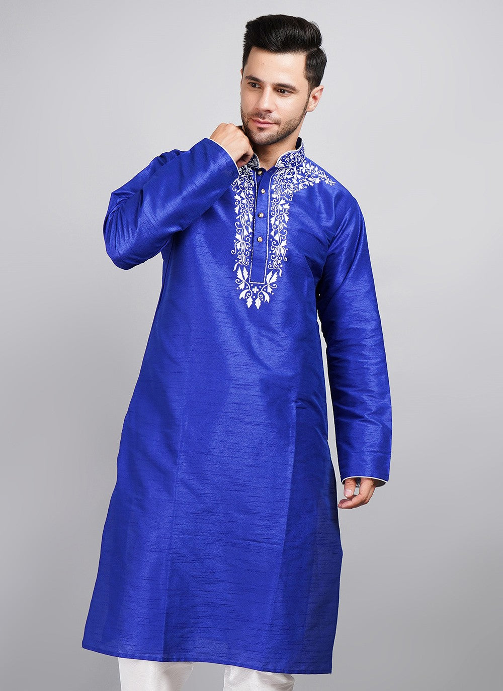 Machine Embroidery Dupion Silk Blue Kurta - M5737