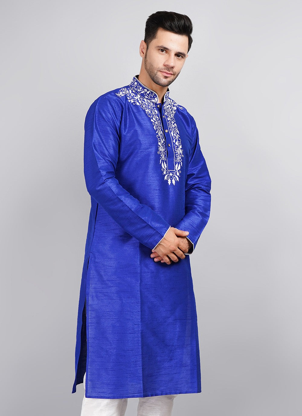 Machine Embroidery Dupion Silk Blue Kurta - M5737
