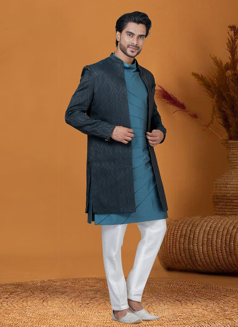 Jacquard Work Jacquard Silk Blue Indo Western - M8405