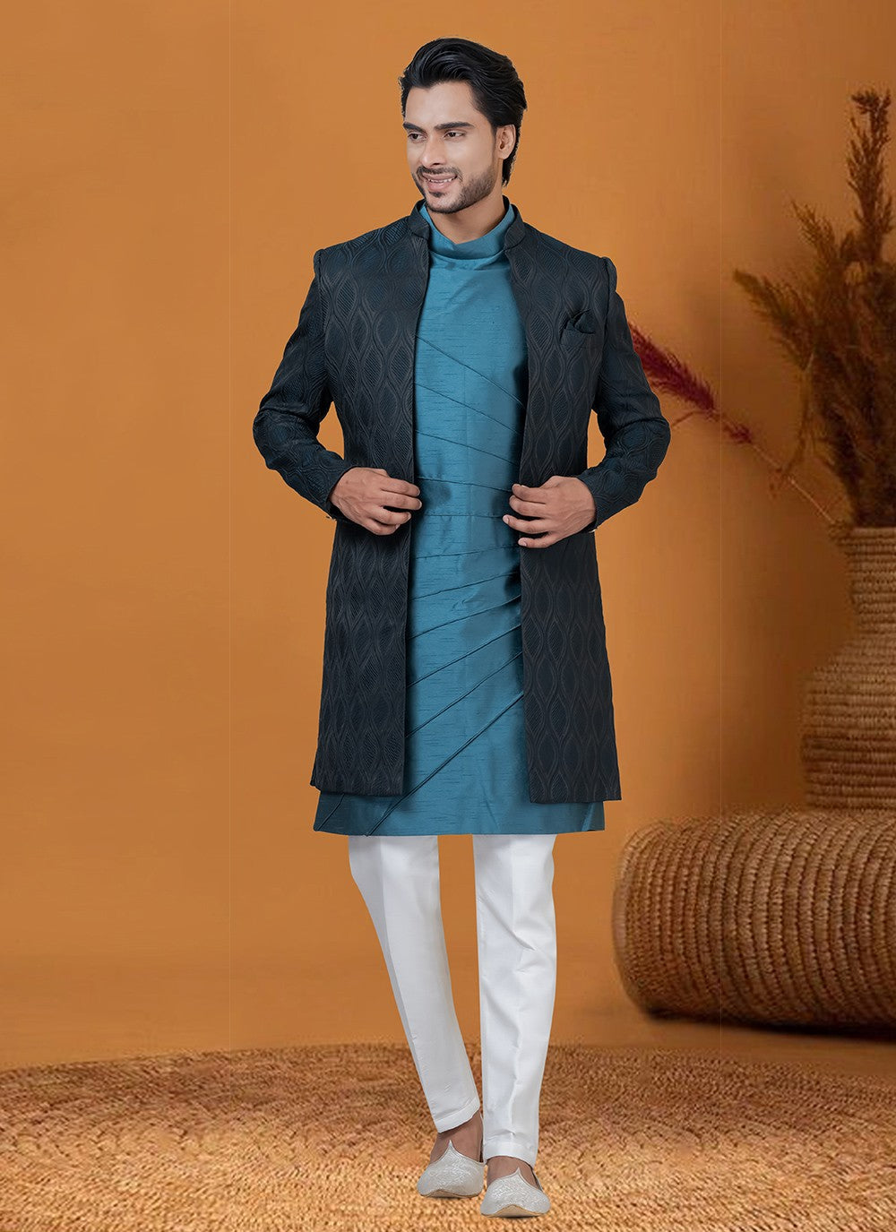 Jacquard Work Jacquard Silk Blue Indo Western - M8405