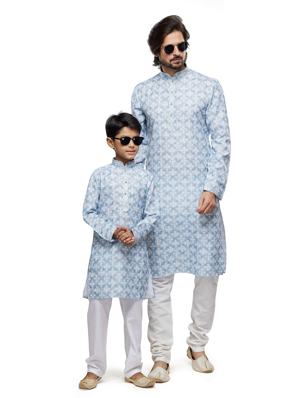 Digital Print Cotton Blue Men's & Kids Combo - M6813