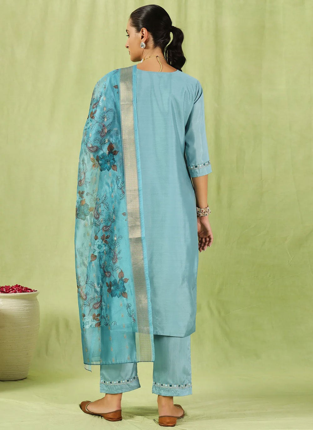 Embroidered Silk Blend Blue Pant Style Suit T6251