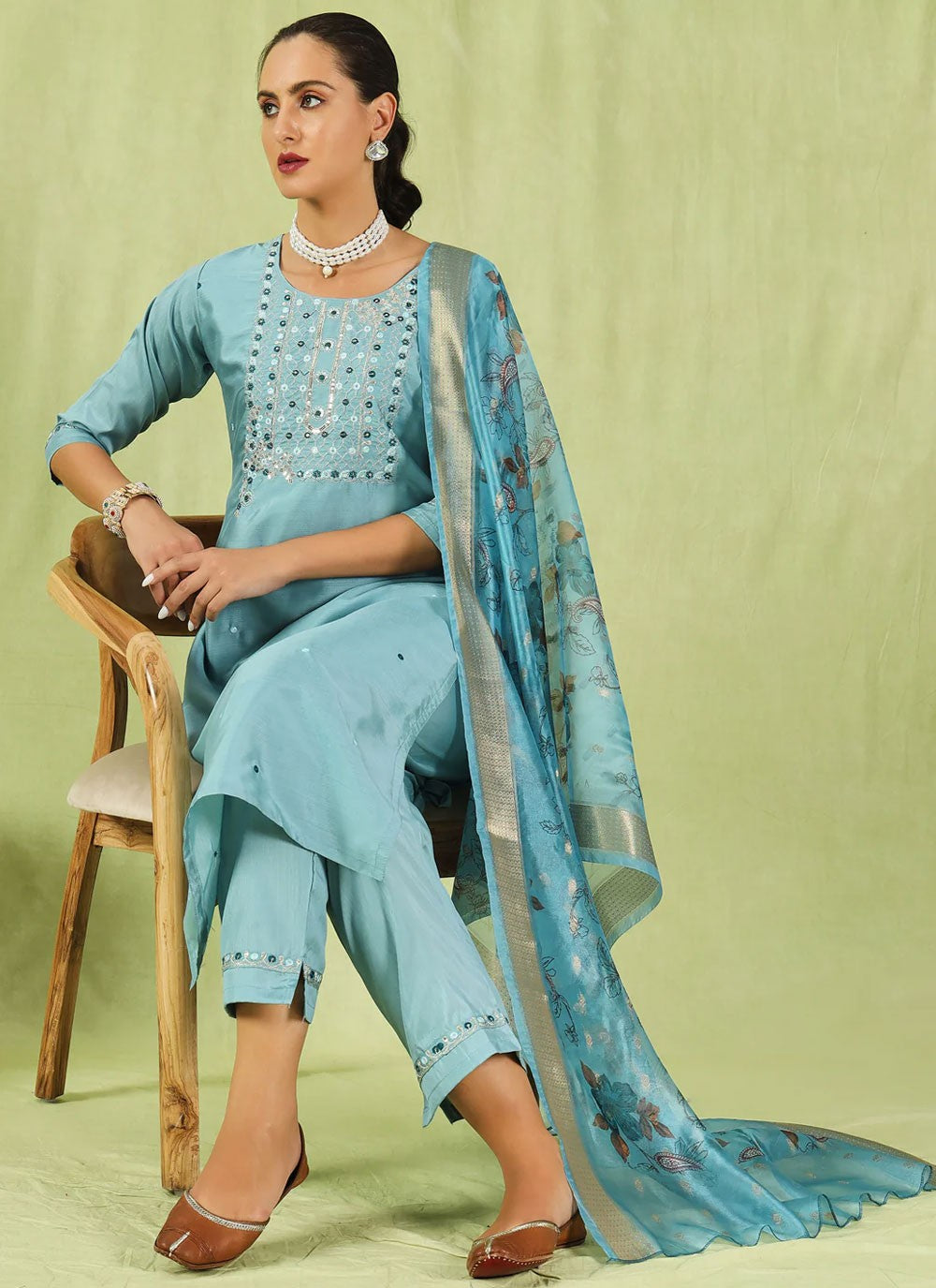 Embroidered Silk Blend Blue Pant Style Suit T6251