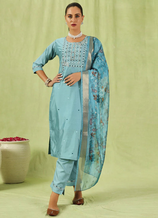 Embroidered Silk Blend Blue Pant Style Suit T6251