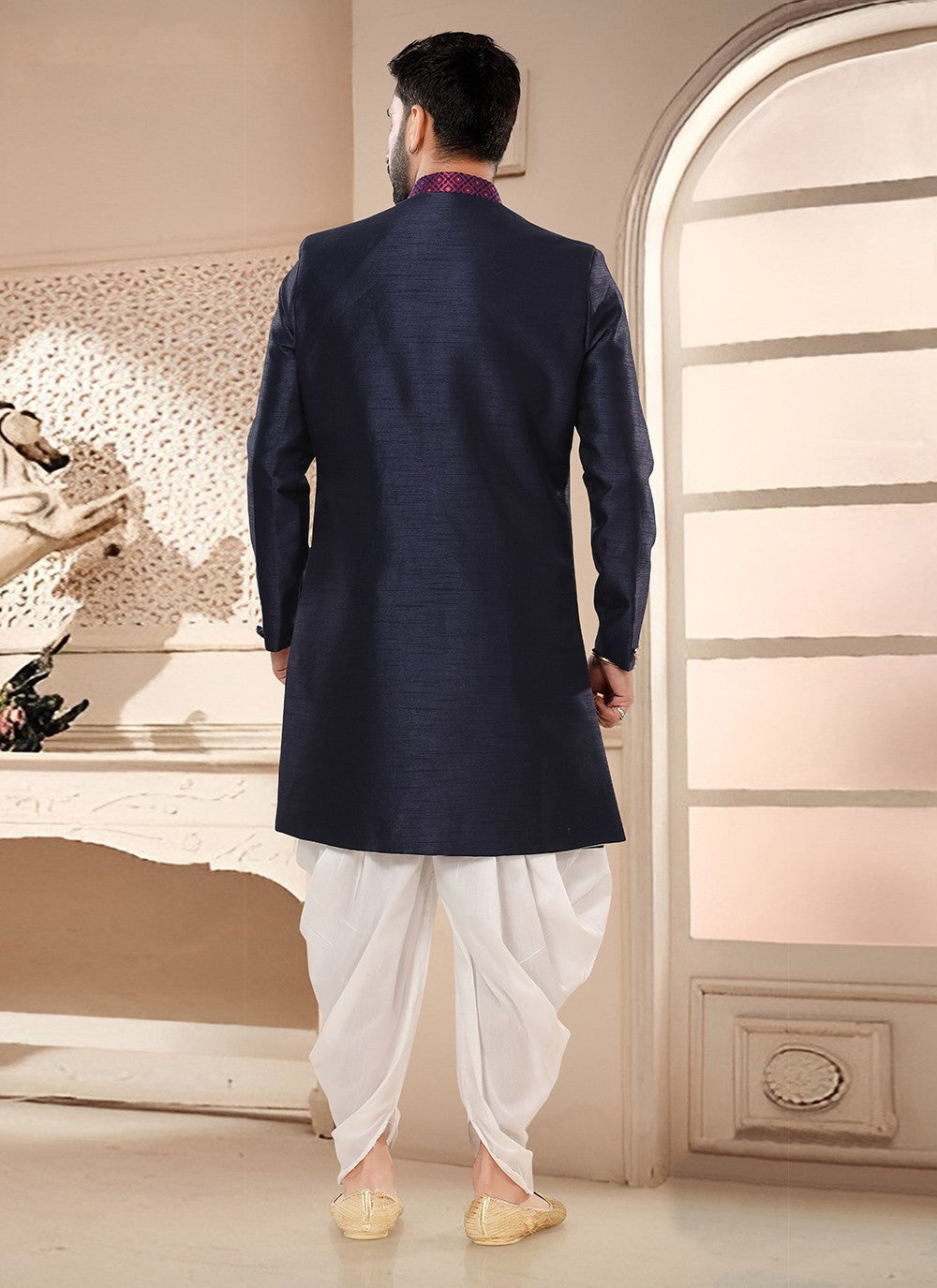 Embroidered Silk Blue Sherwani - M7578