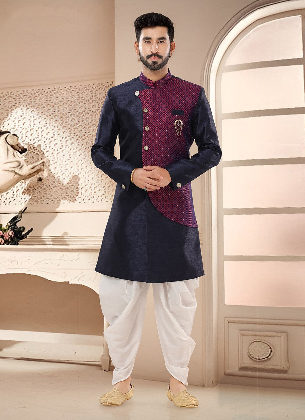 Embroidered Silk Blue Sherwani - M7578