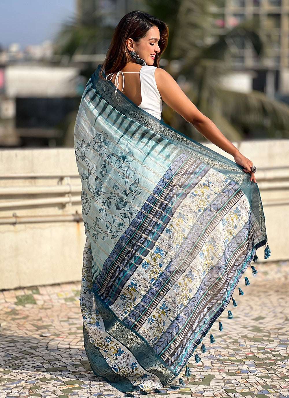 Printed Chanderi Blue Saree S14120