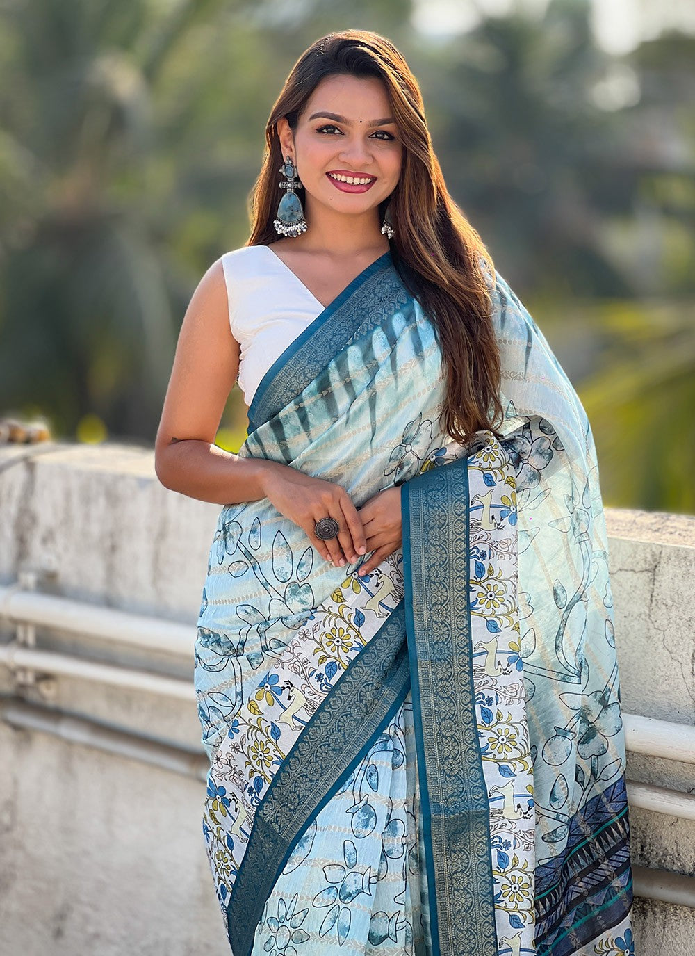 Printed Chanderi Blue Saree S13884