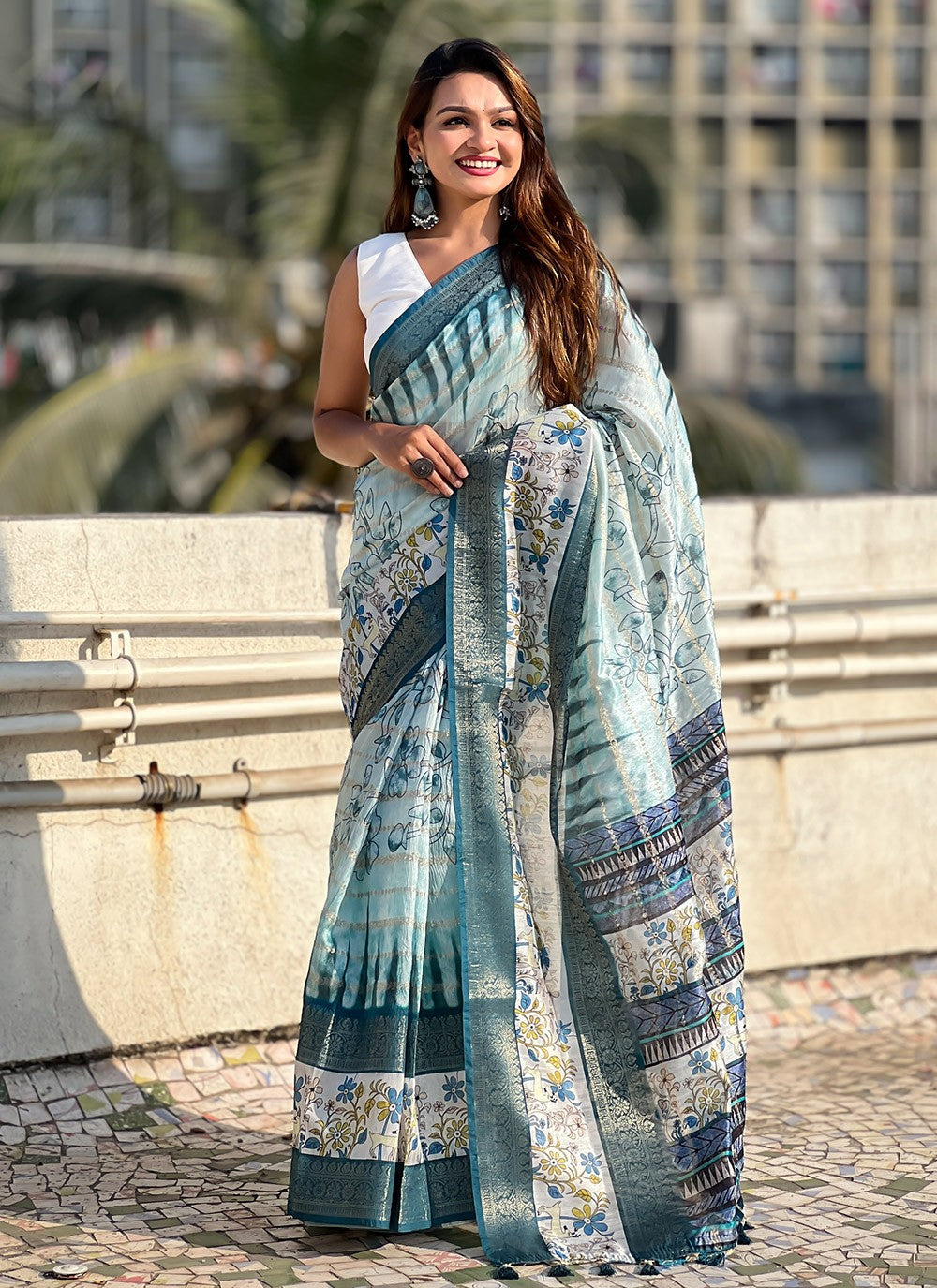 Printed Chanderi Blue Saree S14120