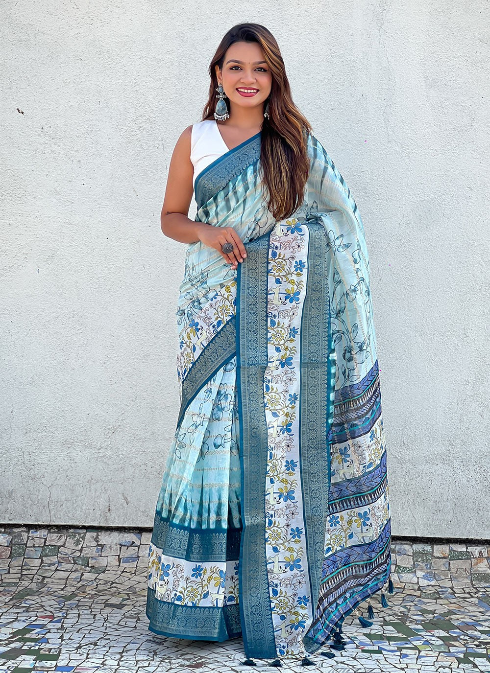 Printed Chanderi Blue Saree S14120