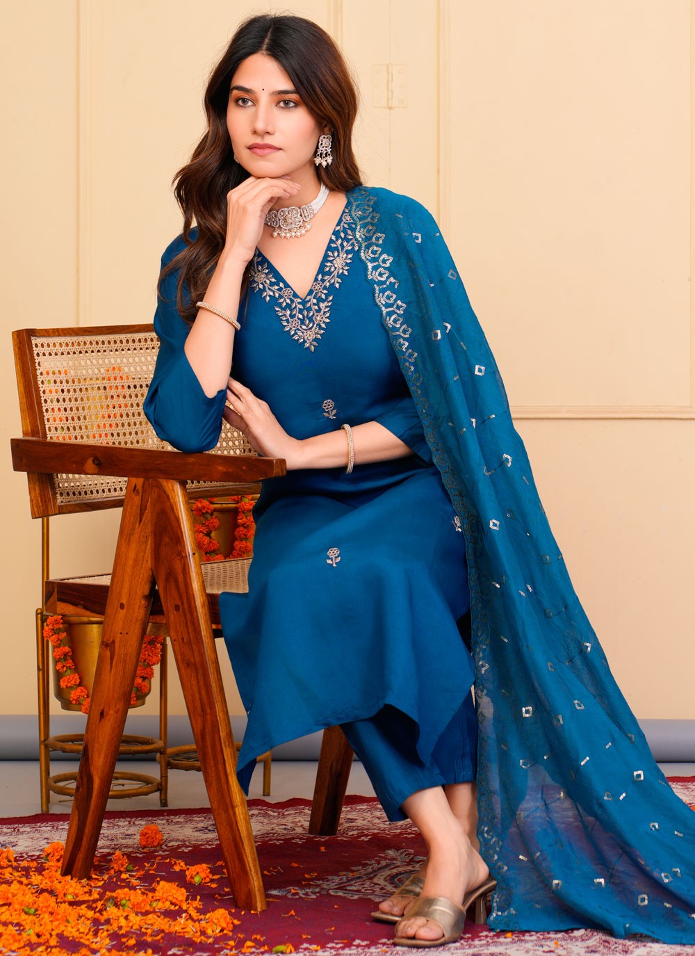 Salwar Suit Embroidered Blue Chanderi T5131
