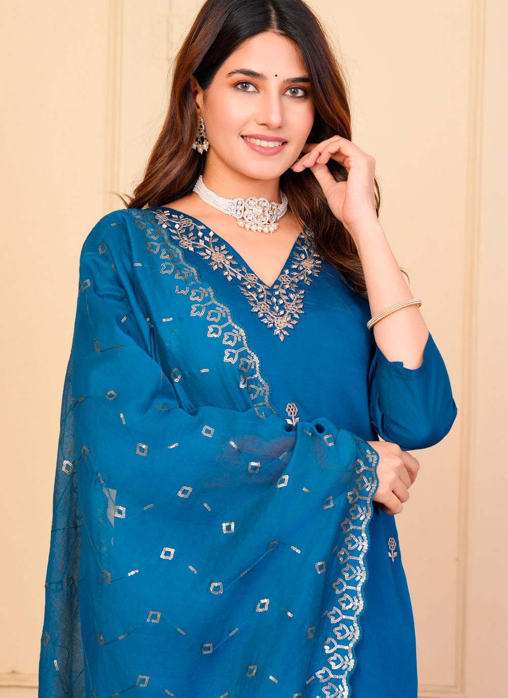 Salwar Suit Embroidered Blue Chanderi T5131