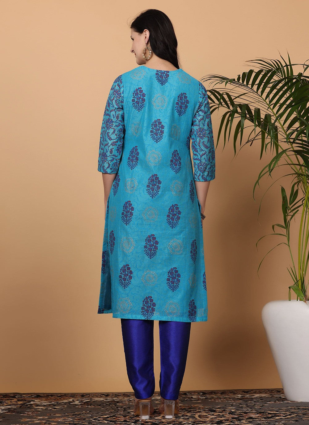 Printed Chanderi Blue Salwar Suit T5940