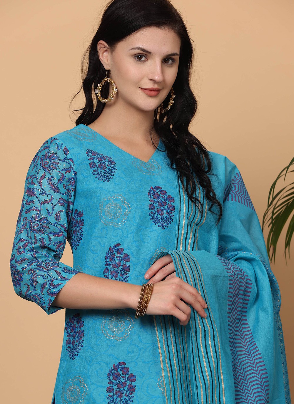 Printed Chanderi Blue Salwar Suit T5940