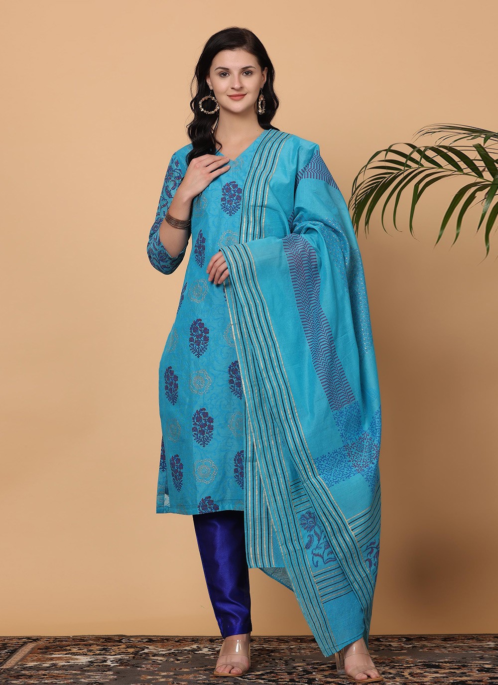 Printed Chanderi Blue Salwar Suit T5940