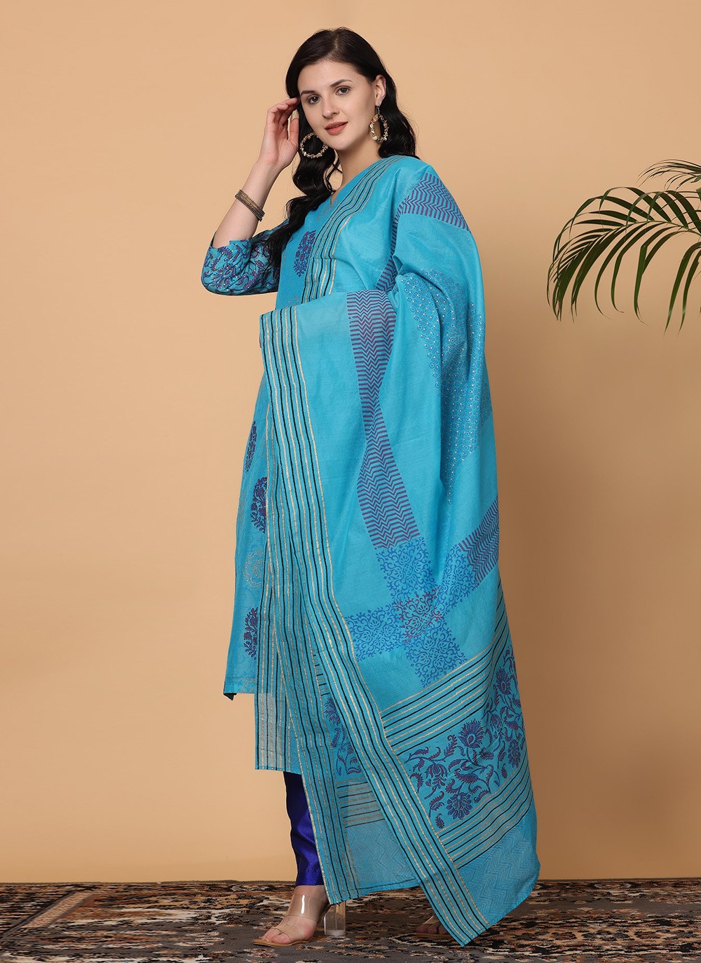 Printed Chanderi Blue Salwar Suit T5940
