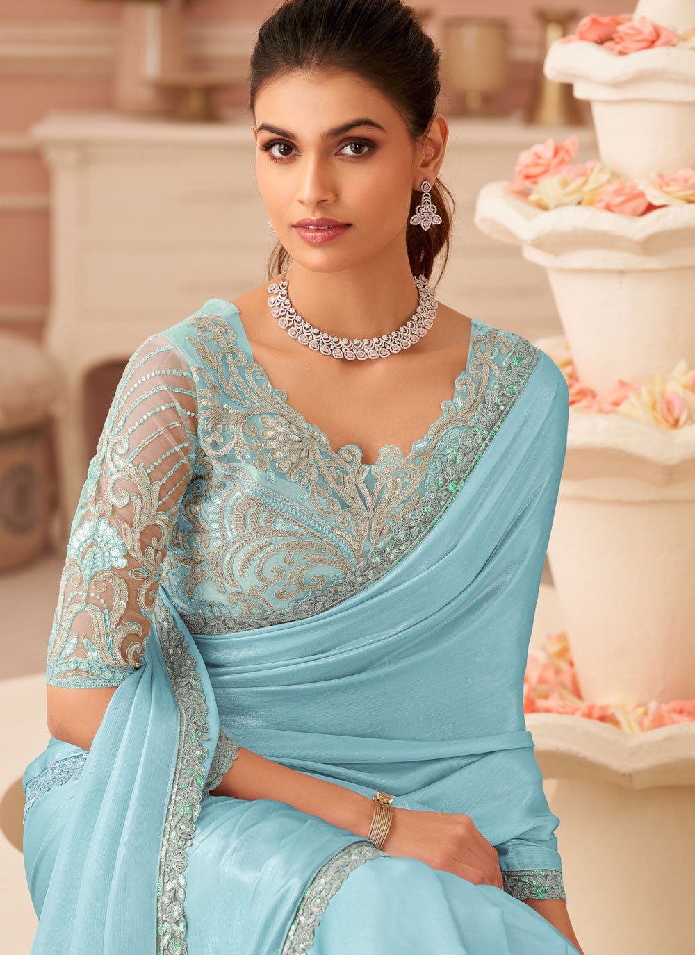 Blue Chiffon Contemporary Saree Border Work, Embroidered, Zari S19107