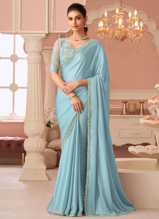Blue Chiffon Contemporary Saree Border Work, Embroidered, Zari S19107