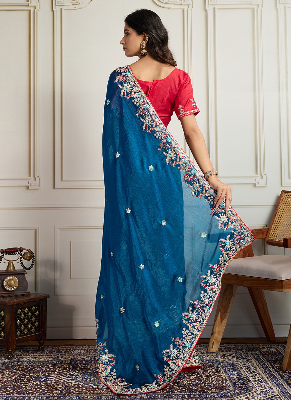 Blue Chiffon Contemporary Saree Embroidered S19118